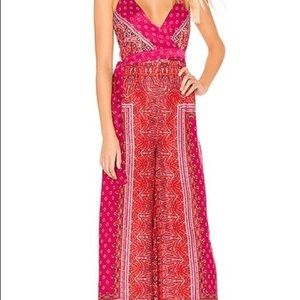 free people | cabbage rose silky satin jumpsuit wrap top wide leg boho